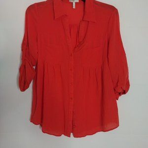 JOIE Womens Cuffed Collared Button Up Top Xs Red Cotton